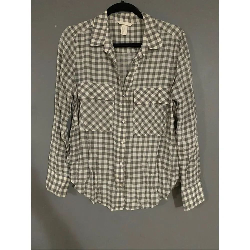 H&M Ivory Grey Modal Plaid Checked Long Sleeve Button Front Blouse Size 10
